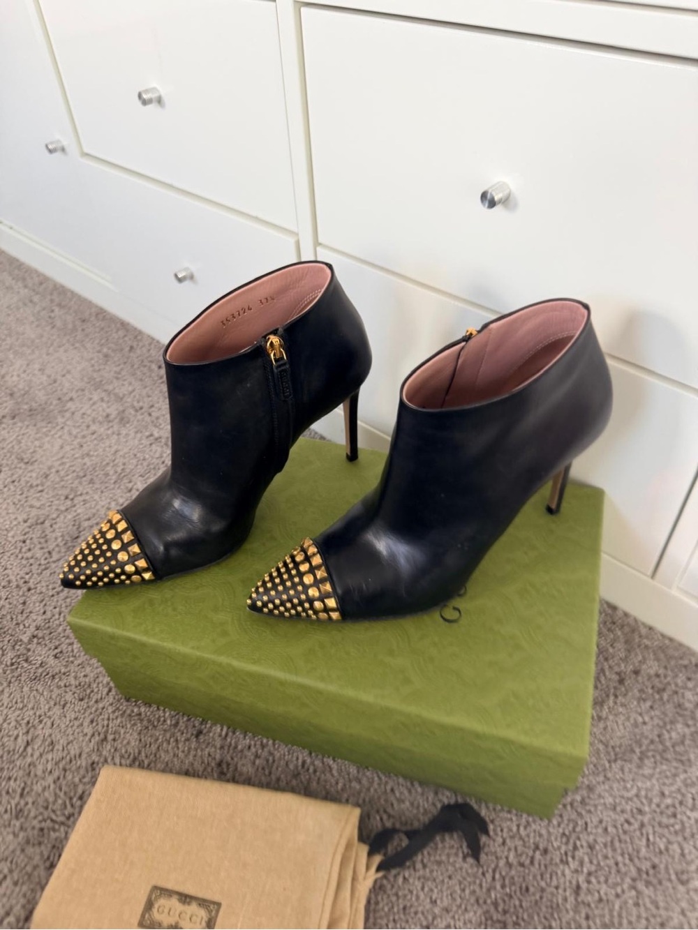 Gucci Black Leather Pointed Toe Ankle Booties with Gold Stud Caps